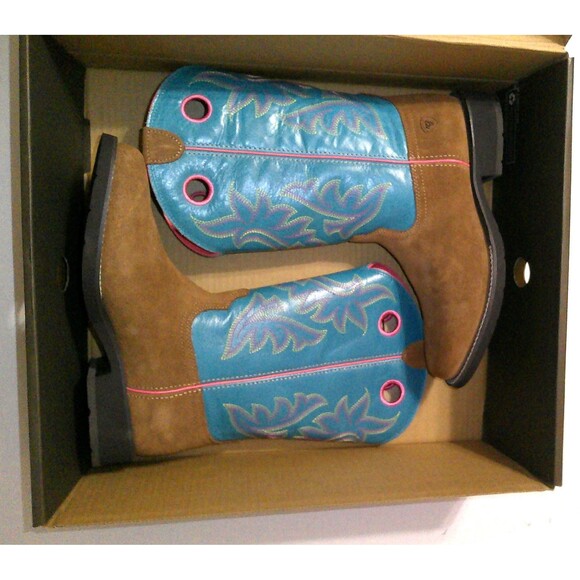 New NWT NIB Western Boots Womens 10 Ariat Elko Chestnut Basin Blue Pink Brown - Picture 2 of 6